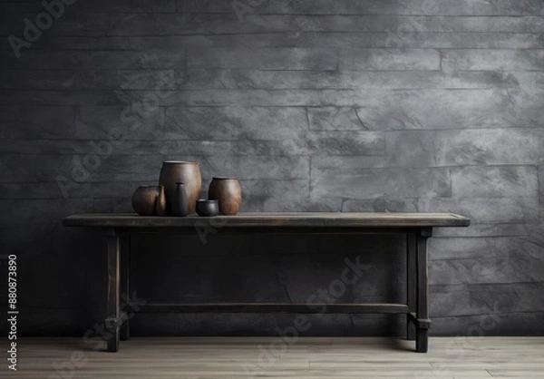 Fototapeta Rustic wooden table with decorative pottery against a dark grey stone wall.