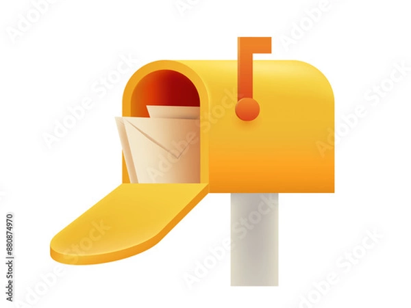 Obraz 3d Realistic Mailbox with Flag and Letters Inside. Yellow Opened mailbox Icon. Ready to Accept Notification. Trend Vector Illustration.