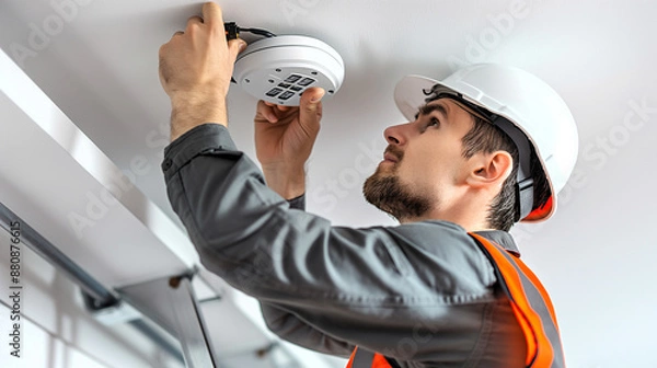 Fototapeta Electrician installing a wireless fire alarm sensor on a high ceiling using a ladder. The image should showcase the ease and flexibility of modern wireless fire alarm systems. Generate ai illustration
