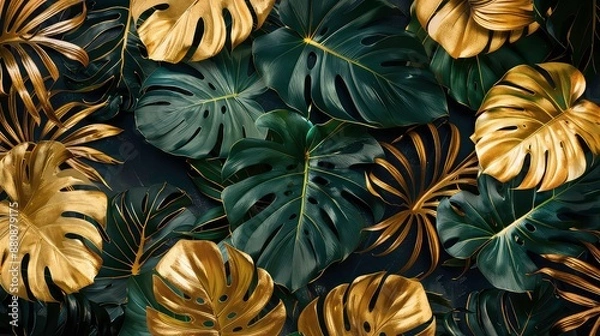 Obraz Pattern leaf background green plant tree abstract palm floral wallpaper flower foliage art jungle. Background luxury leaf pattern texture design line summer gold nature monstera fabric golden leaves.