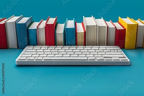Fototapeta White Keyboard on Bright Blue Desk with Colorful Books in Background