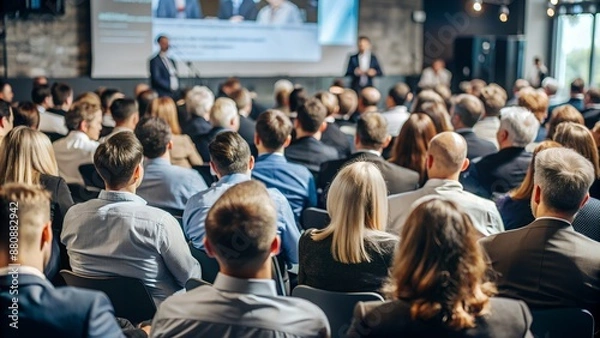 Fototapeta Large audience attentively listens to business speakers at a professional conference, showcasing a dynamic and informative event.