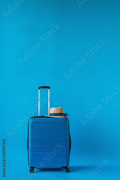 Obraz A blue suitcase stands against a vibrant blue background, with a straw hat and sunglasses resting on top, symbolizing travel and adventure.