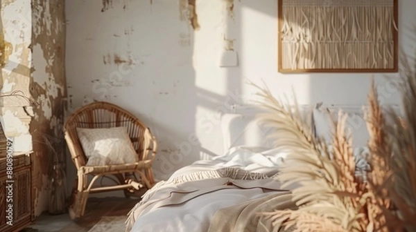 Fototapeta A stylish Scandinavian farmhouse bedroom interior featuring a wall mockup, natural materials, and soft lighting creating a warm and inviting atmosphere