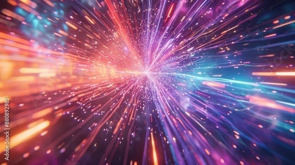 Fototapeta Detailed close-up of light rays breaking through a dimensional gateway, with a complex background, showcasing speed