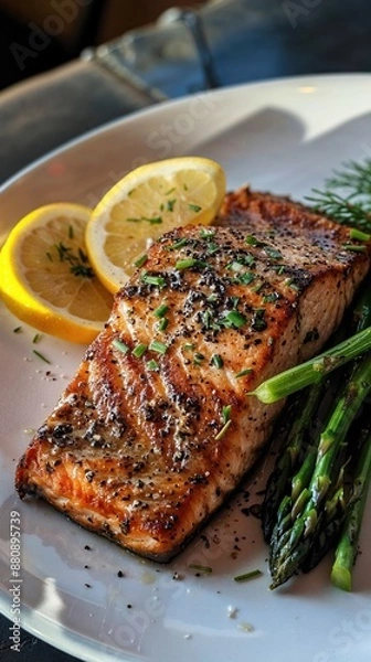 Fototapeta Grilled Salmon with Asparagus And Lemon Slices on White Plate
