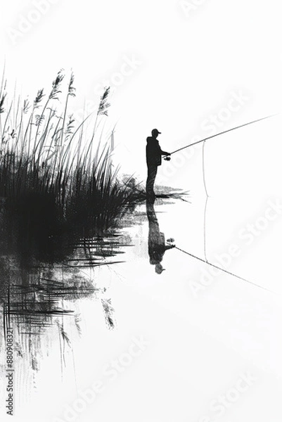 Fototapeta A black and white sketch of a lone angler fishing in a lake