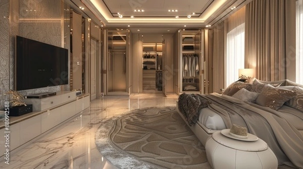 Fototapeta A stunning 3D rendering of a luxury modern bedroom suite, featuring a TV, spacious wardrobe