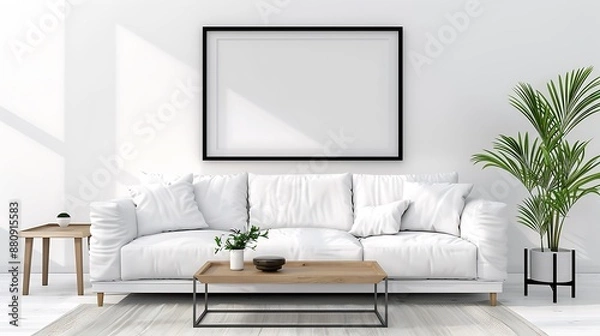 Fototapeta Bright and airy Scandi-boho living room with a clean white linen sofa, light wooden coffee table, and a minimalist black frame mockup hanging above. Sunbeams stream through a large window casting
