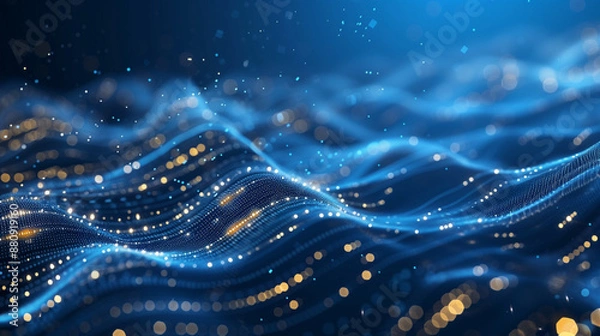 Fototapeta 青のパーティクルの波。抽象的なテクノロジーの背景