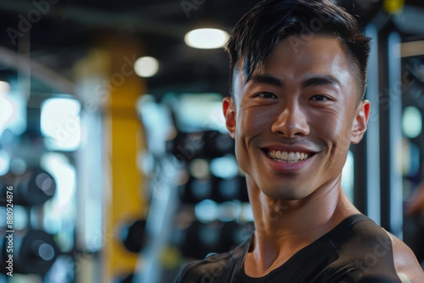 Fototapeta The joyful expression of a person in a gym setting, surrounded by exercise equipment, conveying fitness enthusiasm and a positive attitude.