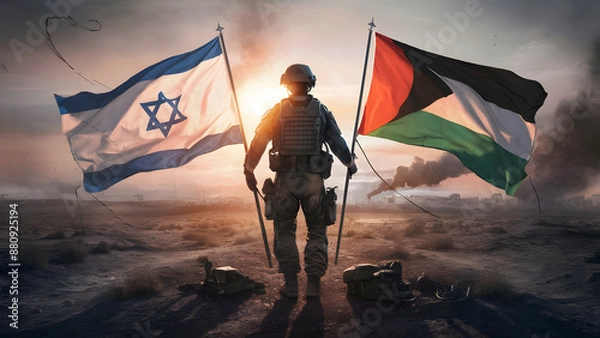 Fototapeta Back view of soldiers holding Israeli flag and Palestinian flags on the background of ruins of the city after the war.