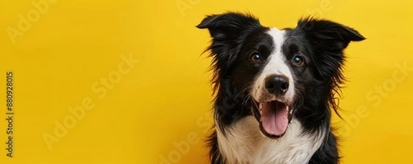 Fototapeta A black and white dog with a curious look on its face on yellow background. Free copy space for banner.