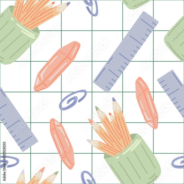 Obraz Seamless School Supplies Pattern in Flat Style