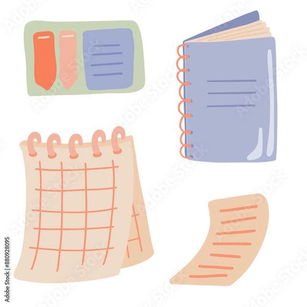 Obraz Notebook with Stickers, Tabs, and Paper set flat design