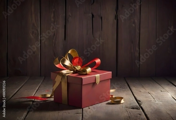 Obraz Heart shaped red gift box with a golden ribbon on a wooden surface, Generative AI.