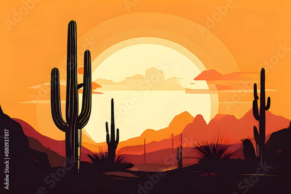 Fototapeta A majestic saguaro cactus stands tall against the setting sun, its silhouette casting a long shadow across the desert sands. 