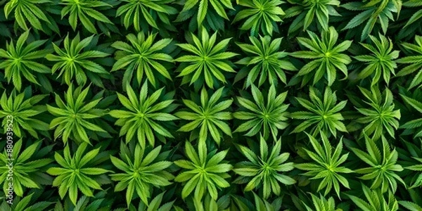 Obraz Symmetrically Arranged Cannabis Plants in Lattice Pattern captured from an Overhead View. Concept Cannabis Cultivation, Lattice Pattern, Overhead View, Symmetrical Arrangement