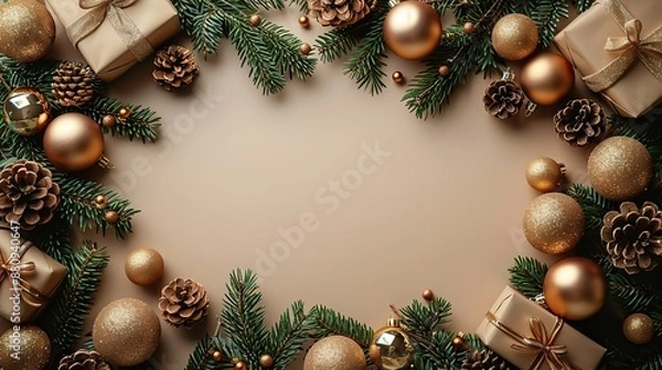 Fototapeta christmas banner beige xmas background,golden balls decorative branches gift boxes christmas frame greeting card template web banner mockup flat lay top view copy space