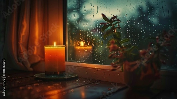 Fototapeta A cozy scene of a burning aroma candle sitting on a table by the window, its gentle glow creating a warm ambiance