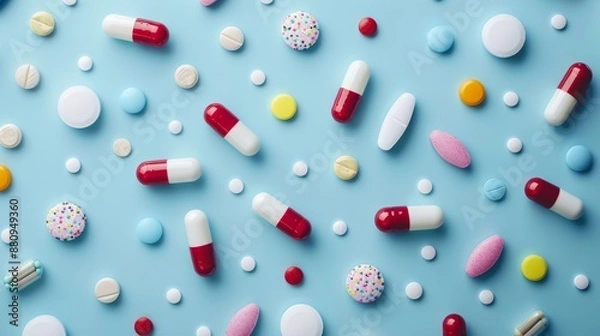 Fototapeta Assorted prescription pills in vibrant hues adorn a cerulean background offering a comprehensive blend of essential vitamins minerals and nutrients.