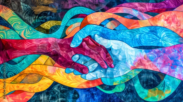 Fototapeta Colorful intertwined hands shaking in unity and teamwork