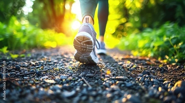 Fototapeta Close-up of a person's feet walking on a gravel trail in a lush green forest during a sunny day, highlighting outdoor exercise and nature.