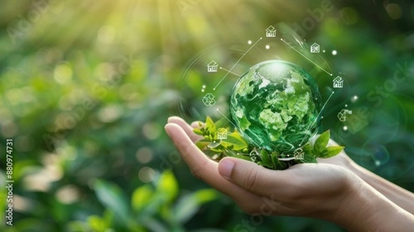 Fototapeta A hand holding a globe and recycling icon on a green background
