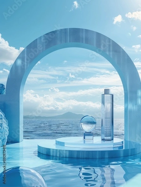 Fototapeta A still life of a pool with a sculpture and a mirror reflecting the surroundings