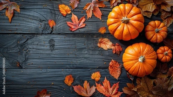 Fototapeta happy thanksgiving day concept autumn composition,ripe orange pumpkins fallen leaves on rustic wooden table flat lay top view copy space