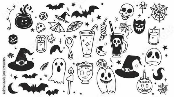 Fototapeta Halloween party elements doodle line art cute style with simple shapes and hand drawn flat design on solid white background