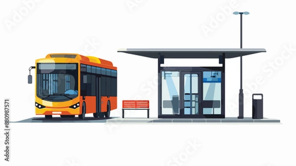 Obraz Bus stop and city bus flat vector style isolated 