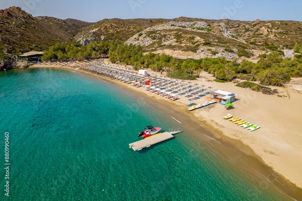 Fototapeta Aerial view of the famous  Vai Palm Beach, Crete, Greece.