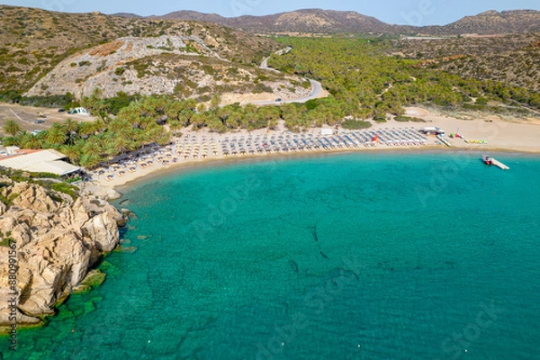 Fototapeta Aerial view of the famous  Vai Palm Beach, Crete, Greece.