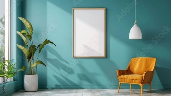Fototapeta Modern Minimalist Interior with Blank Canvas, Teal Wall, and Orange Armchair, interior design, living room, minimalist, mockup