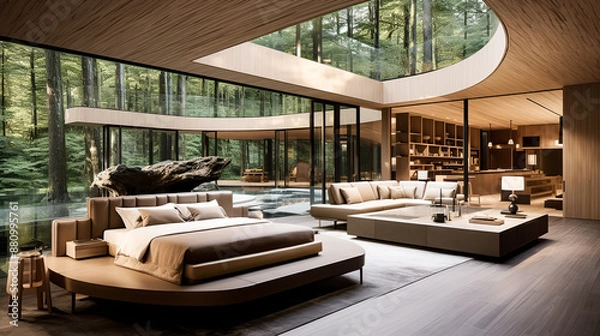 Obraz Futuristic interior design of modern bedroom with forest view