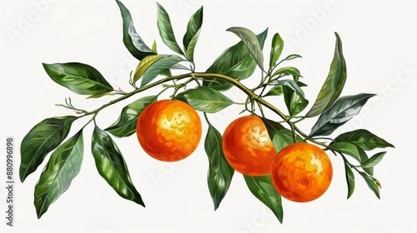 Fototapeta Vintage Illustration of a Branch with Three Oranges, Watercolor, Botanical Illustration, Citrus, Fruit, Orange