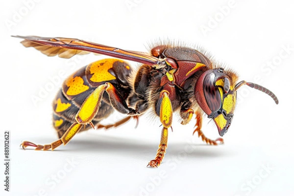 Fototapeta A very detailed but natural photograph of a hornet, lateral view. Isolated, white background