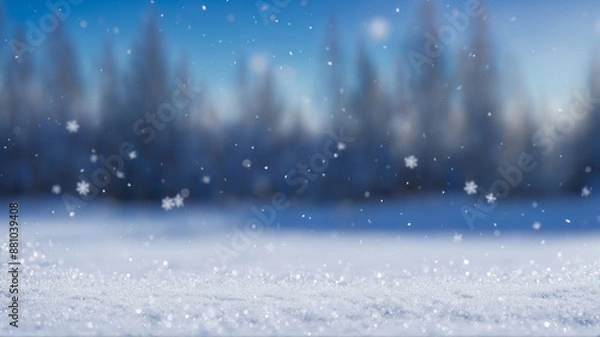 Obraz A peaceful winter scene capturing the gentle beauty of a snowfall in a snow-covered forest. Delicate snowflakes fall gracefully, creating a tranquil atmosphere. The soft blue light and shimmering snow