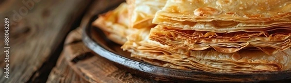 Fototapeta A closeup of Azerbaijani qutab, showing its thin, stuffed pastry layers, placed on a rustic wooden table with natural lighting