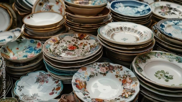 Fototapeta Vintage dishes, pile of old plates. Second hand household objects for sale at flea market, garage sale, thrift store, charity shop. Zero waste, sustainable lifestyle