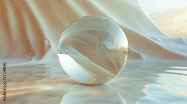 Obraz Ethereal Glass Sphere on Reflective Surface with Flowing Fabric Background