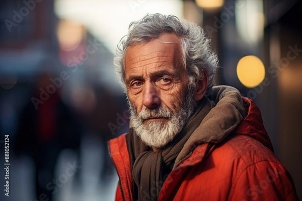 Obraz A man with a beard and gray hair is wearing a red coat and scarf