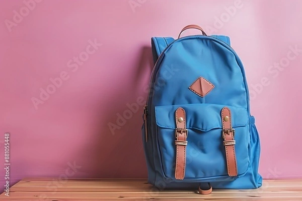 Fototapeta Back to school concept with blue backpack on wooden table, pastel background, copy space for text.
