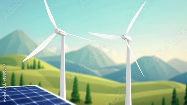 Fototapeta Eco-engineering project, wind turbines and solar panels, flat design illustration, very detailed, a high-resolution photo