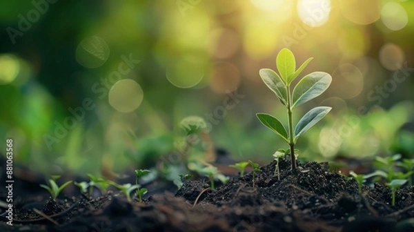 Fototapeta Green Plant Sprouting in Rich Soil During Sunny Day