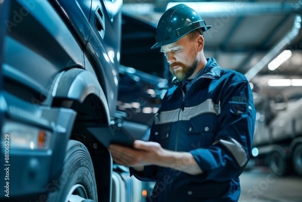 Fototapeta A truck mechanic in a blue uniform and hard hat examines a semi-trailer truck using a tablet computer.