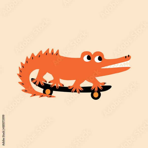 Obraz Cute red crocodile and skateboard hand drawn vector illustration. Isolated funny alligator animal in flat style for kids logo or poster.