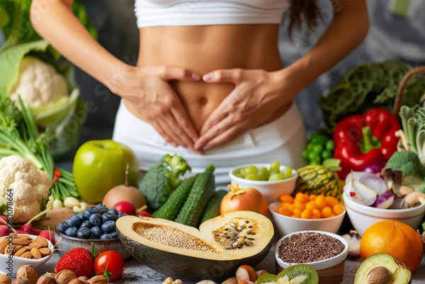 Obraz A healthy assortment of fruits and vegetables surrounding a woman forming a heart shape on her stomach, symbolizing nutrition and gut health.