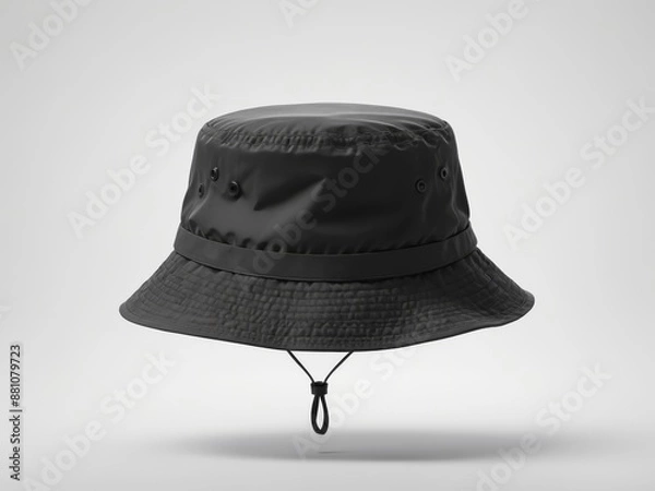 Fototapeta black bucket hat mockup sits alone on a crisp white background, ready for summer adventures.  This cheerful hat is a perfect addition to any beach day or poolside relaxation.